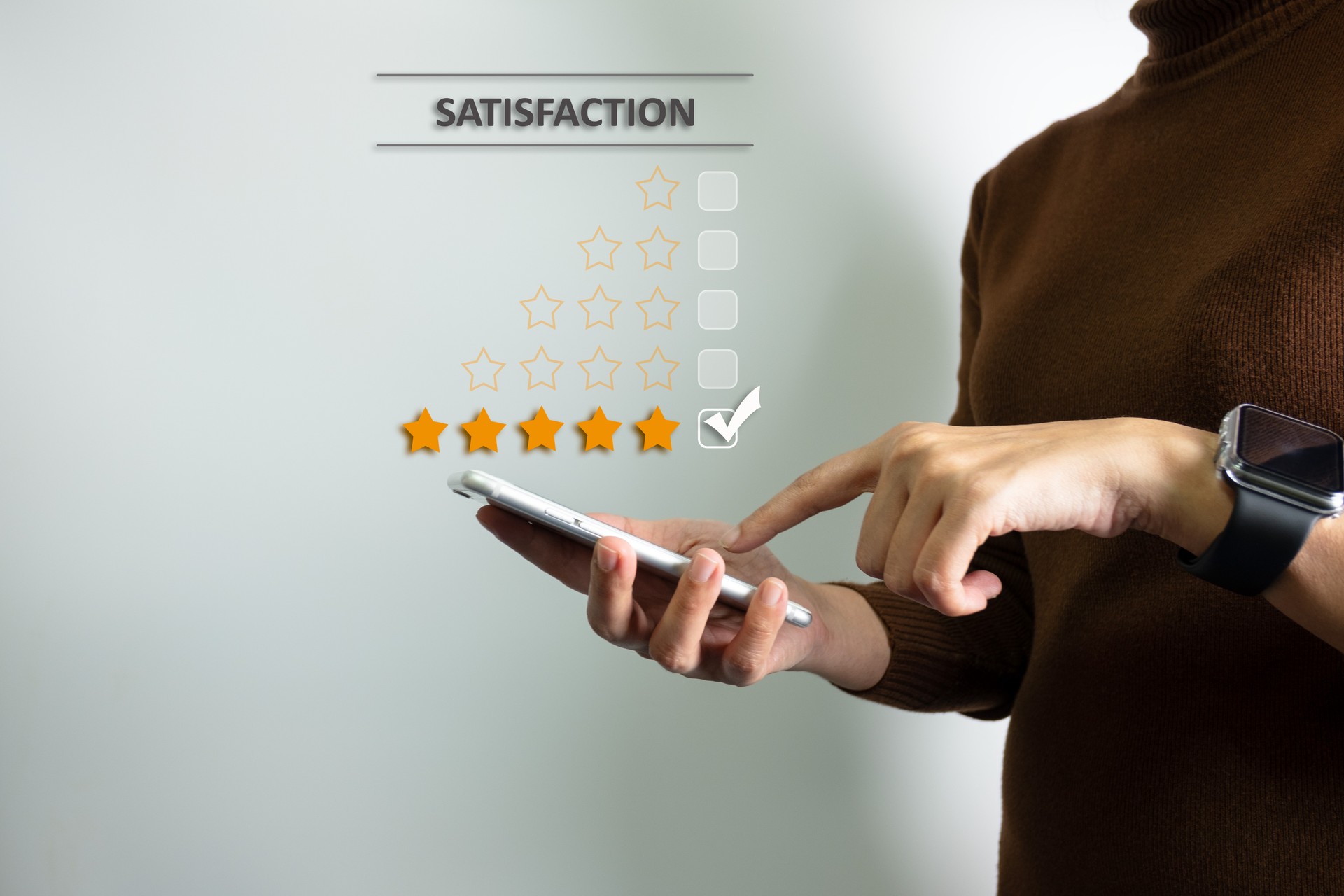 Satisfied customer experience concept, happy business customer using smartphone, the best review, High quality service, Most rated, the highest score, 5 stars, Social media very good.